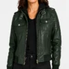 Roslyn Hooded Leather Bomber Green Jacket