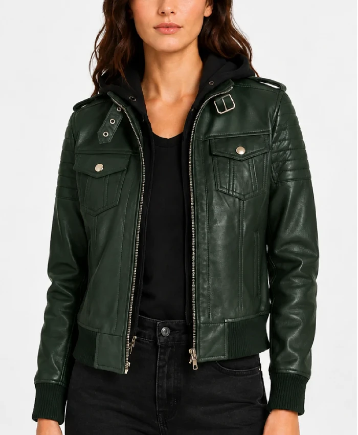 Roslyn Hooded Leather Bomber Green Jacket