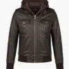 Roslyn Brown Hooded Leather Bomber Jacket