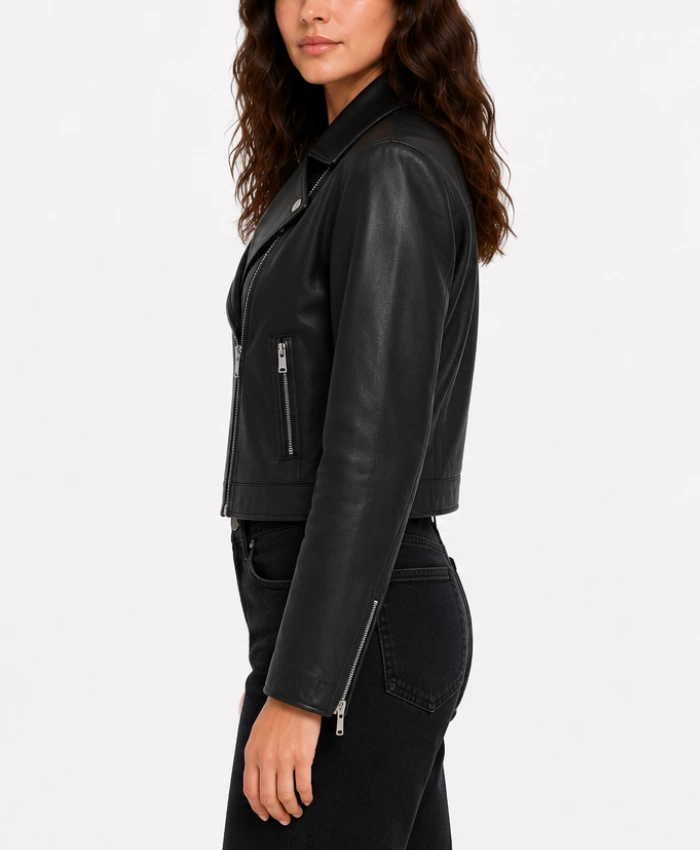 Womens Biker Black Cropped Leather Jacket
