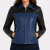 Womens Color Block Blue and Black Leather Jacket on sale