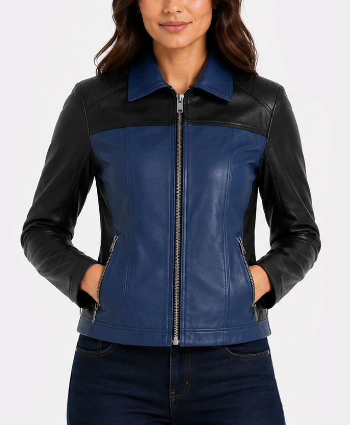 Womens Color Block Blue and Black Leather Jacket on sale