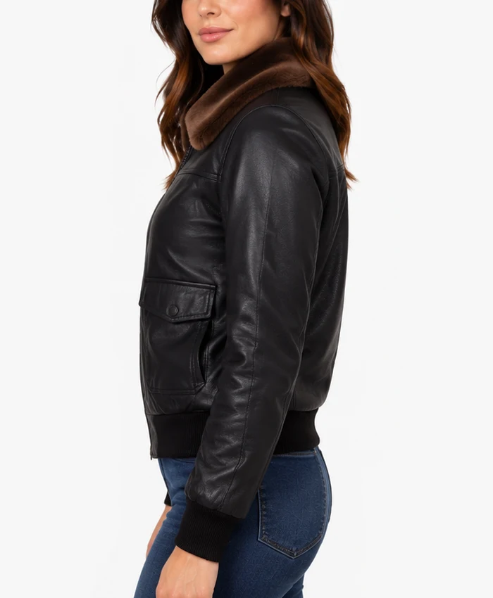 Ladies Black Leather Bomber Jacket With Fur Collar​