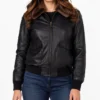 Shop Women Black Leather Bomber Jacket With Fur Collar