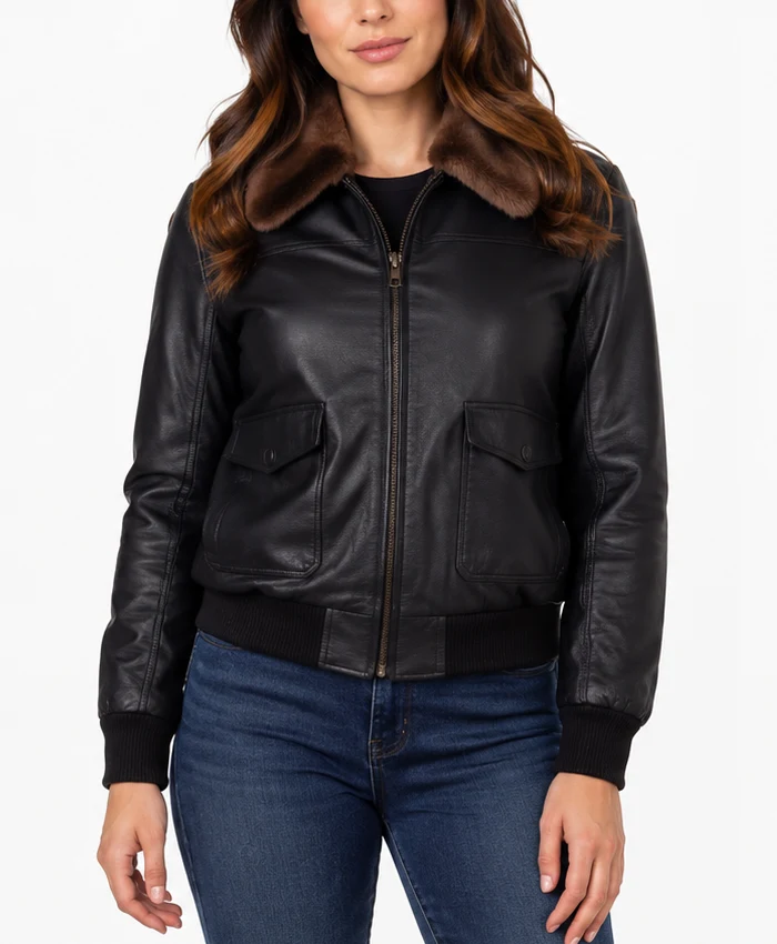 Shop Women Black Leather Bomber Jacket With Fur Collar