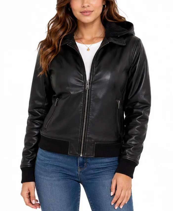 Black Leather Bomber Jacket With Removable Hood​ for women