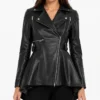 Womens Real Leather Cognac Peplum Jacket