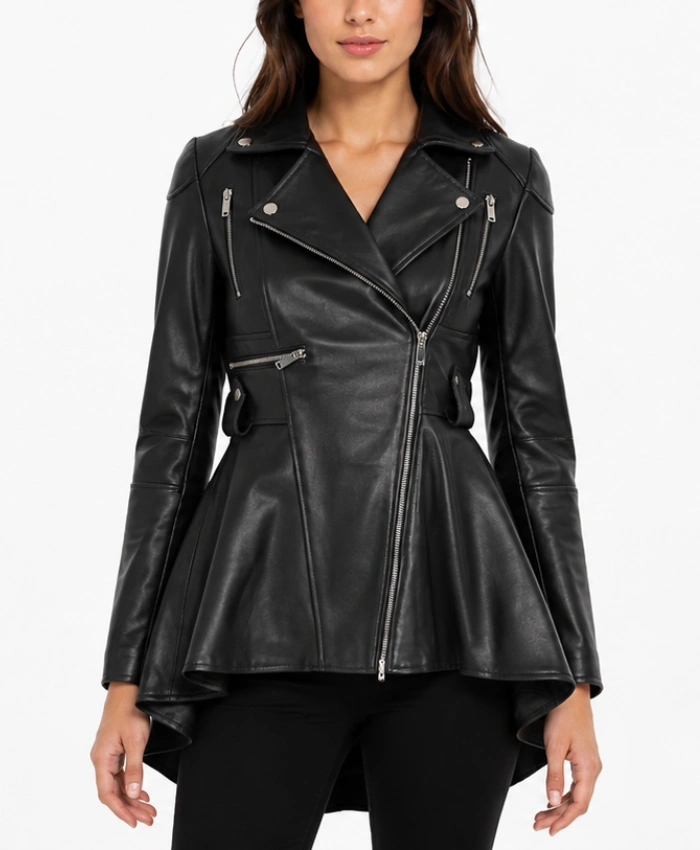 Womens Real Leather Cognac Peplum Jacket