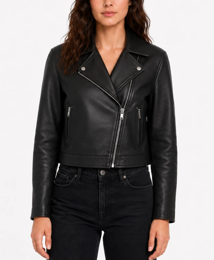 Womens Black Biker Leather Cropped Jacket