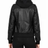 Women Bomber Real Leather Jacket with Removable Hood in Black