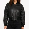 Drop Shoulder Black Cropped leather Bomber Jacket