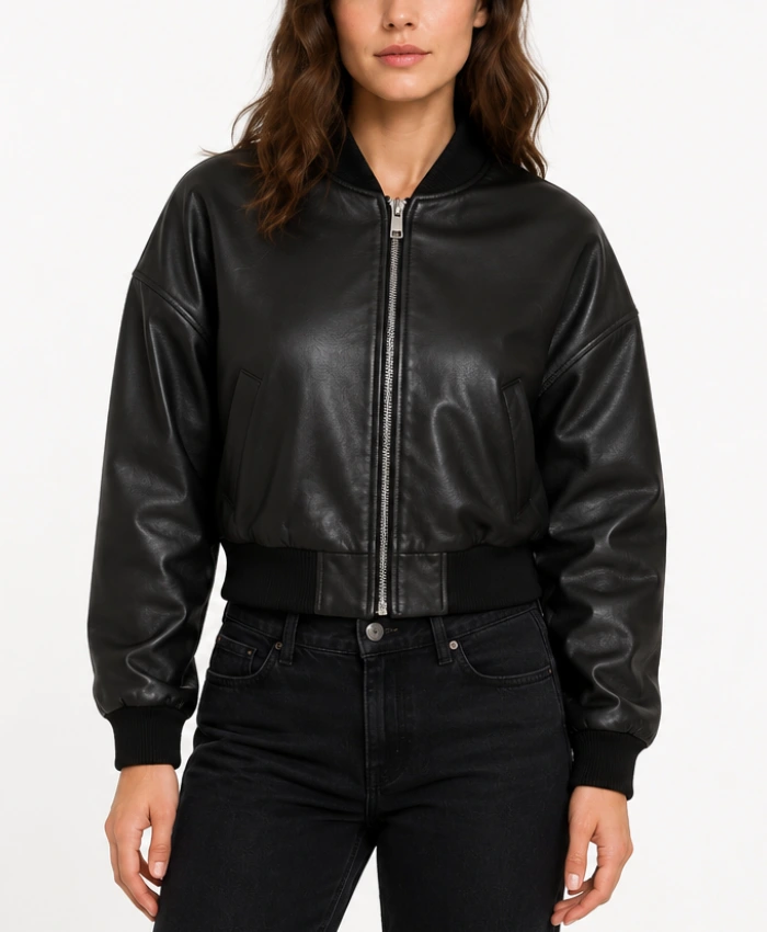 Drop Shoulder Black Cropped leather Bomber Jacket