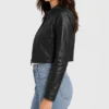 Black Leather Quilted Cropped Jacket for Women