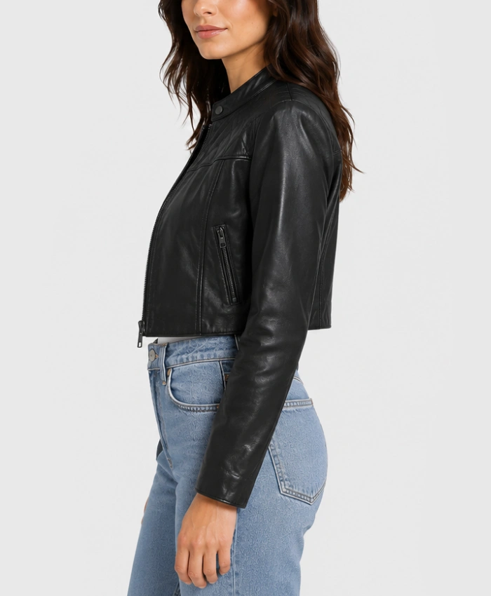 Black Leather Quilted Cropped Jacket for Women