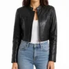 Black Quilted Cropped Leather Jacket for Women