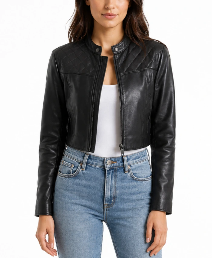 Black Quilted Cropped Leather Jacket for Women