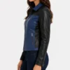 Womens Blue and Black Color Block Leather Jacket for sale