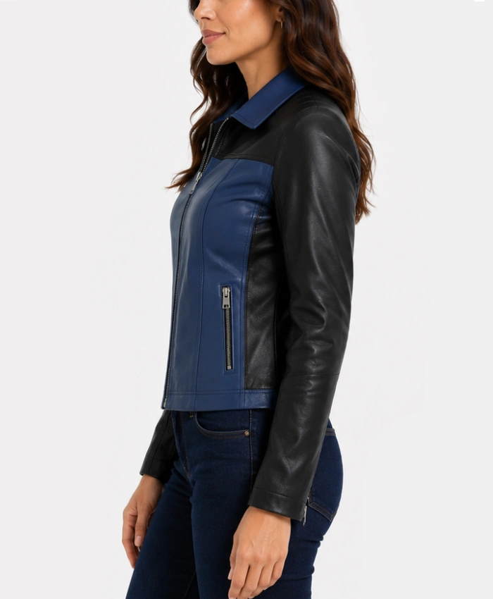 Womens Blue and Black Color Block Leather Jacket for sale