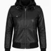 Women's Black Bomber Real Leather Jacket with Removable Hood