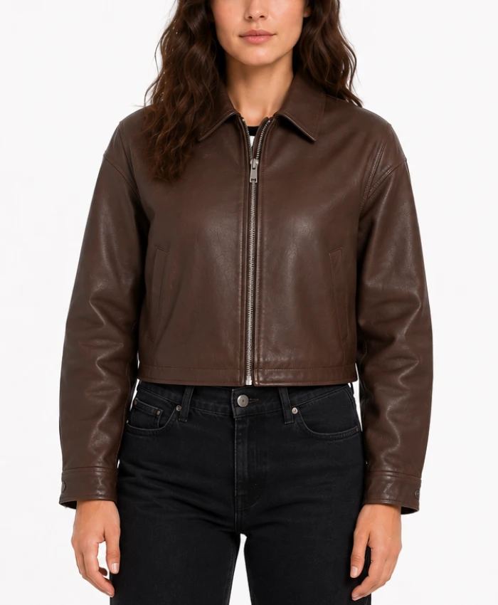 Brown Cropped Leather Jacket for Womens