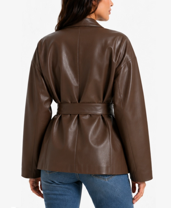 Womens Brown Oversized Drop Shoulder Belted Leather Blazer