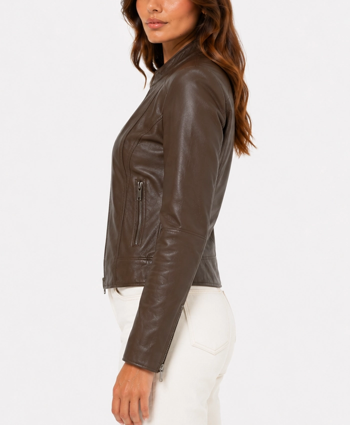 Alternative view of Womens Brown Cafe Racer Leather Jacket