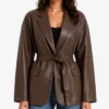 Womens Brown Drop Shoulder Belted Leather Blazer in Oversized fit