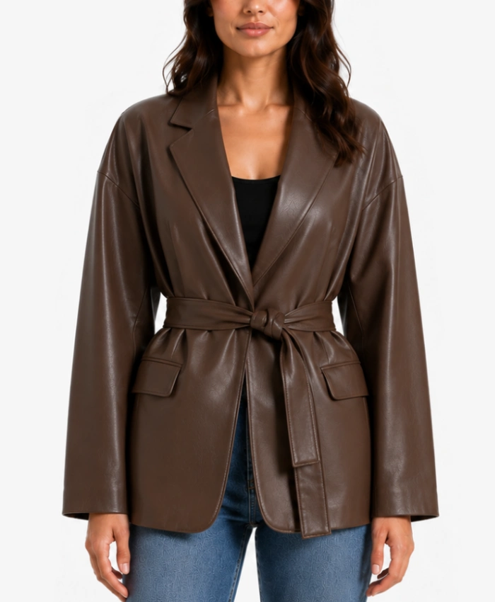Womens Brown Drop Shoulder Belted Leather Blazer in Oversized fit