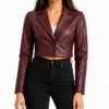 Burgundy One Button Cropped Leather Jacket for Womens