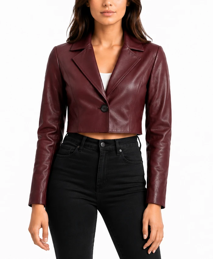 Burgundy One Button Cropped Leather Jacket for Womens
