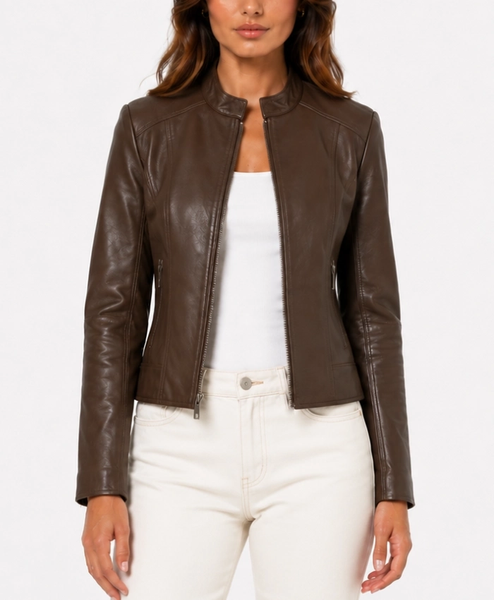 buy Brown Womens Cafe Racer Leather Jacket