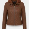 Women's Cognac Brown Leather Jacket With Removable Hood