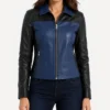 Color Block Blue and Black Leather Jacket for Womens