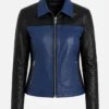 Color Block Blue and Black Leather Jacket for Womens