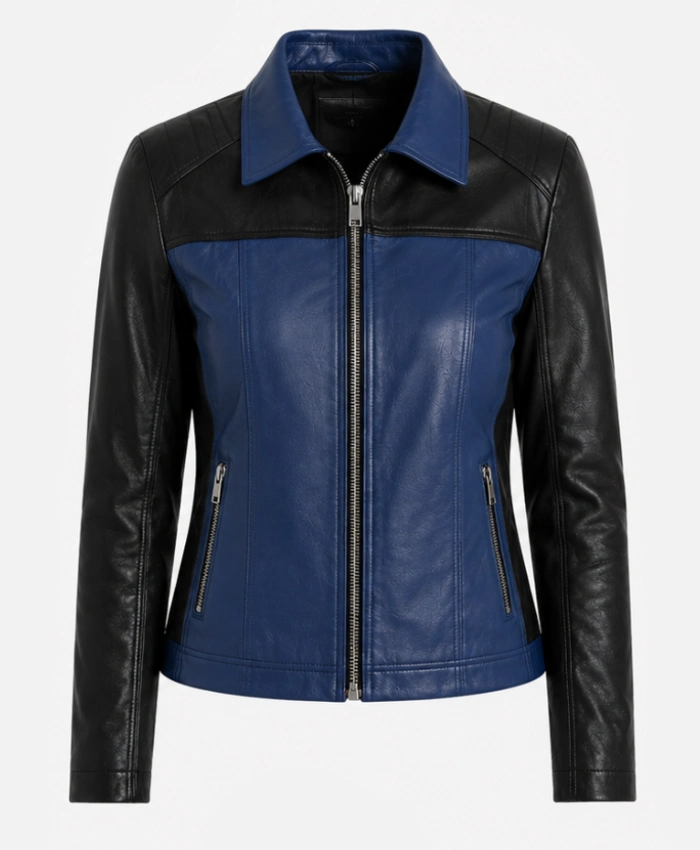 Color Block Blue and Black Leather Jacket for Womens