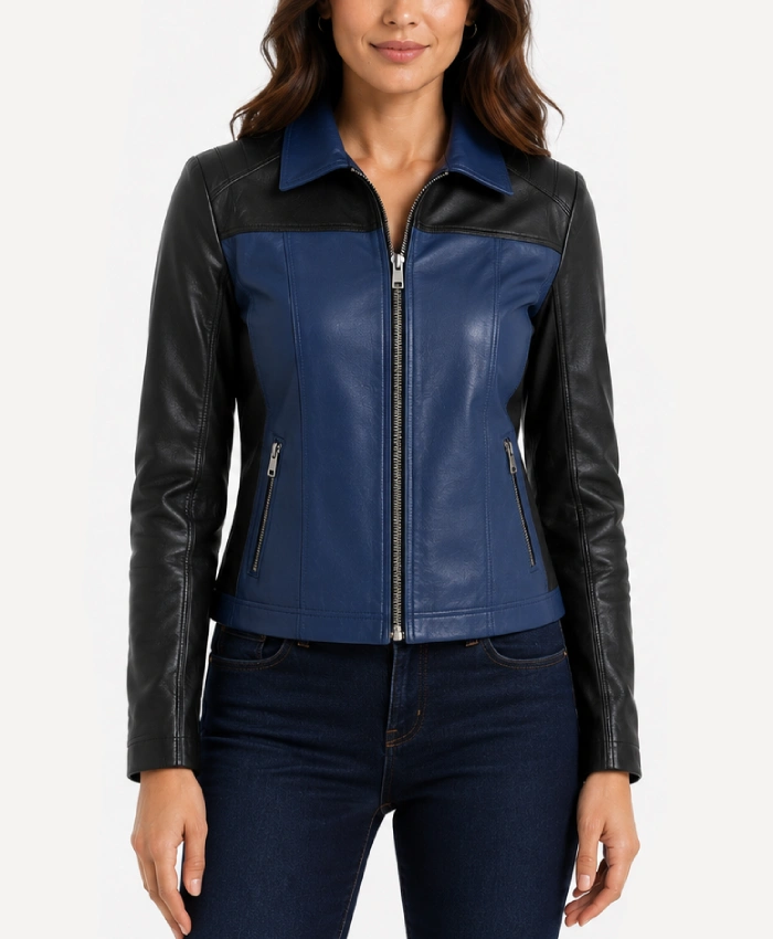 Color Block Blue and Black Leather Jacket for Womens