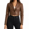 Women's Cropped Quilted Brown Sleeves Leather Jacket