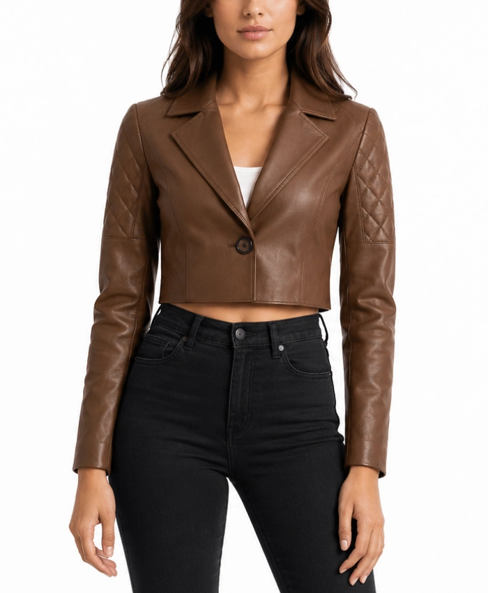 Women's Cropped Quilted Brown Sleeves Leather Jacket