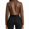 Cropped Quilted Brown Sleeves Leather Jacket for Women's