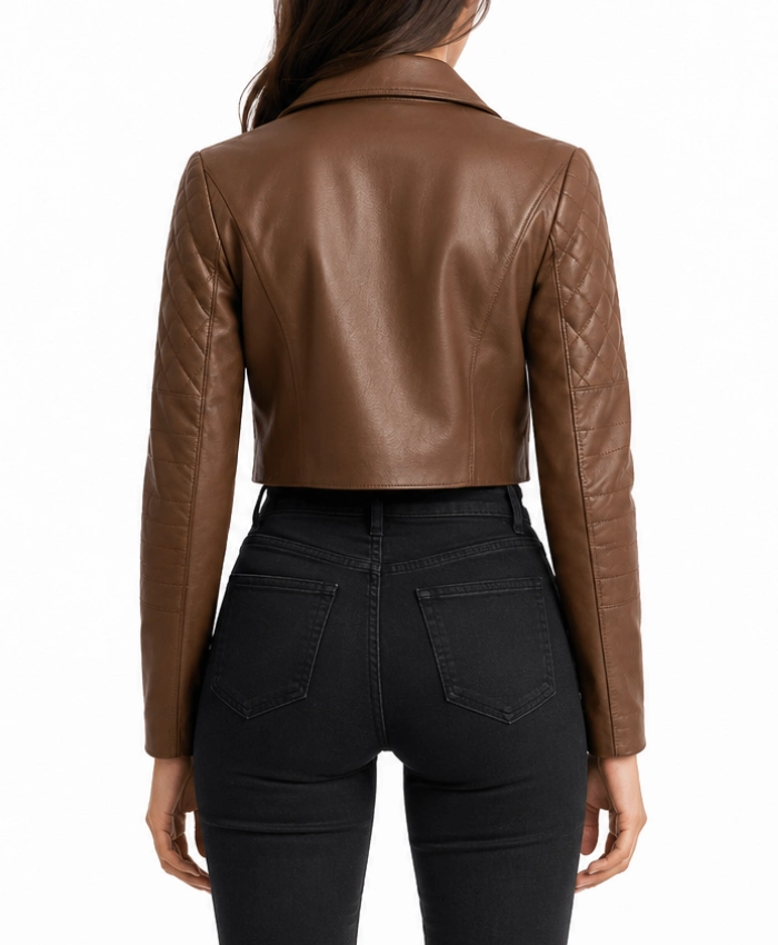Cropped Quilted Brown Sleeves Leather Jacket for Women's