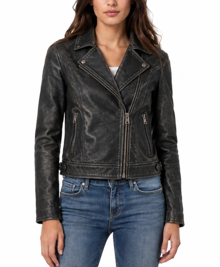 Distressed Leather Motorcycle Jacket for Womens