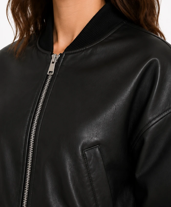 Womens Black Drop Shoulder Cropped leather Bomber Jacket