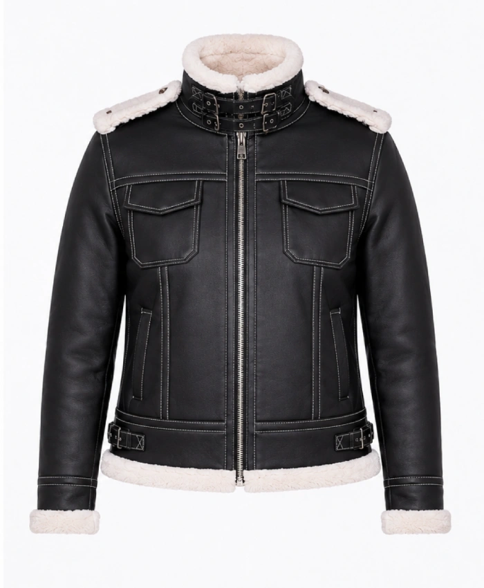 Fiona Black Shearling Hooded Leather Jacket