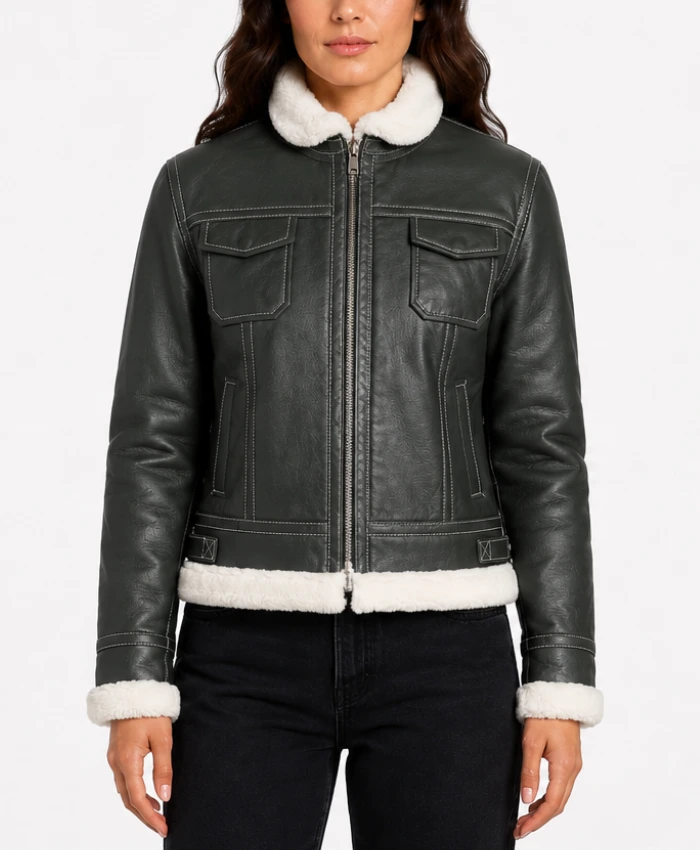 Buy Now Fiona Green Hooded Shearling Leather Jacket
