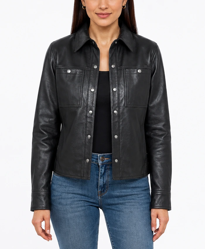 Women’s Minimalist Lambskin Black Leather Shacket