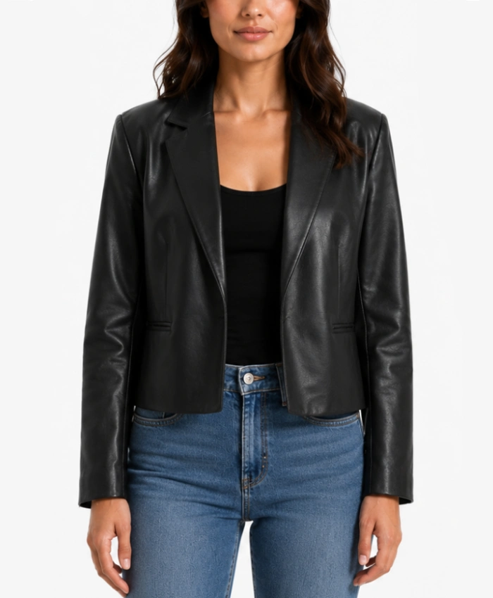 Womens Open Front Leather Cropped Style Blazer