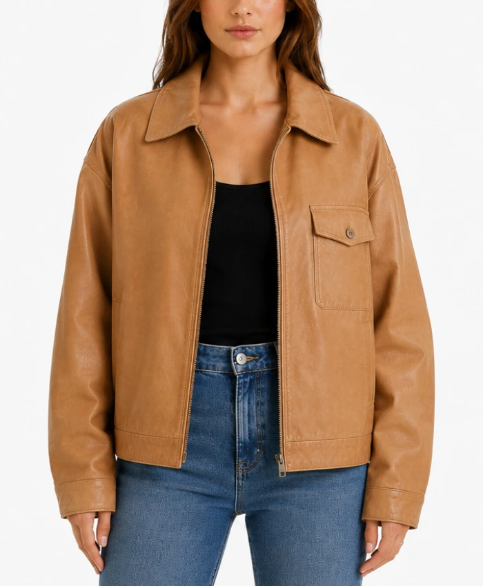 Oversized Drop Shoulders Tan Leather Jacket for Womens