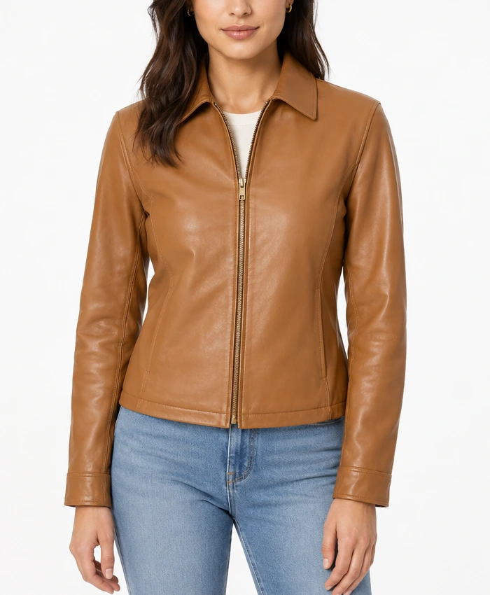Petite Tan Leather Jacket for Womens