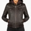Roslyn Hooded Leather Bomber Jacket in Brown