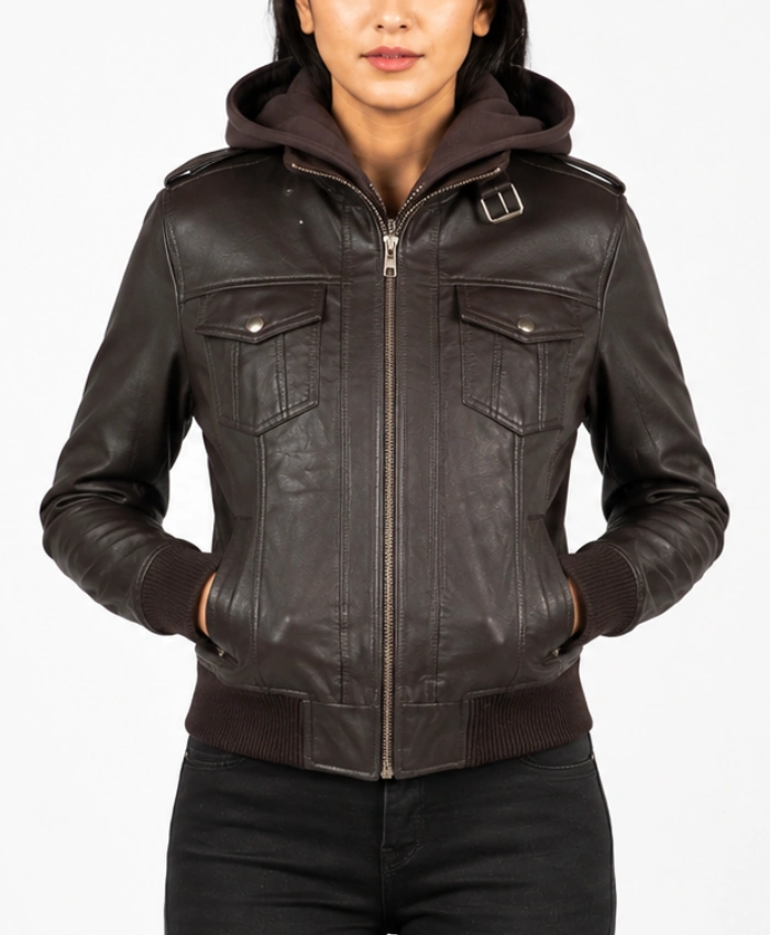 Roslyn Hooded Leather Bomber Jacket in Brown